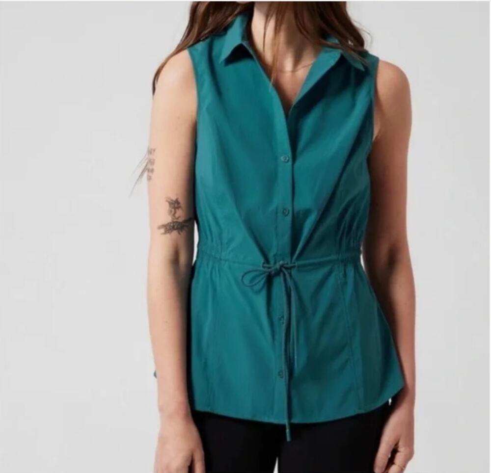 Athleta Levitate Poplin Tank Blouse Womens Small Teal Cinch Waist Button Down
